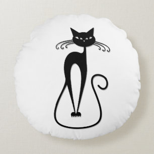Whimsical Skinny Black Cat Round Cushion