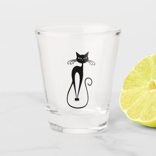 Whimsical Skinny Black Cat  Shot Glass (Front)