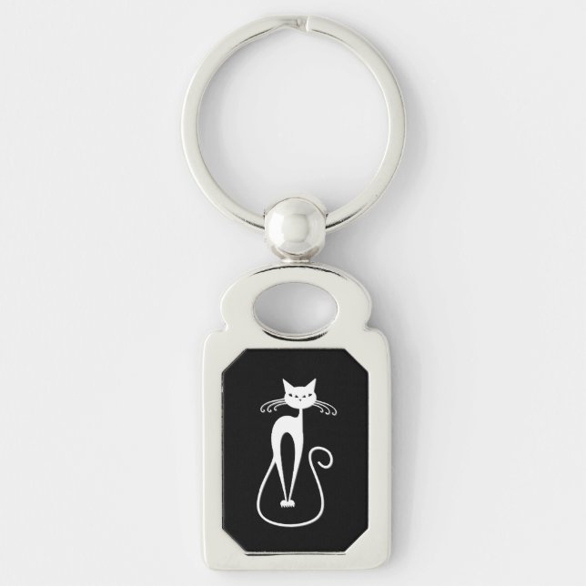 Whimsical Skinny White Cat  Key Ring (Front)