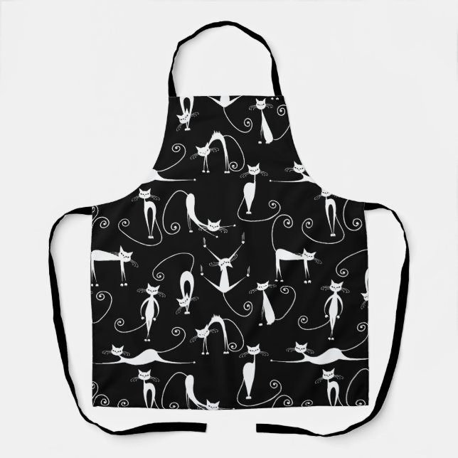 Whimsical Skinny white Cat Pattern Apron (Front)