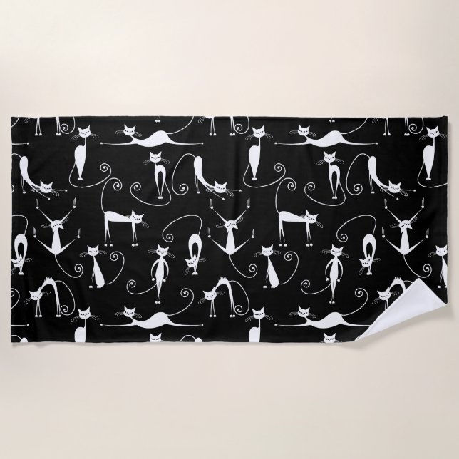 Whimsical Skinny white Cat Pattern Beach Towel (Front)