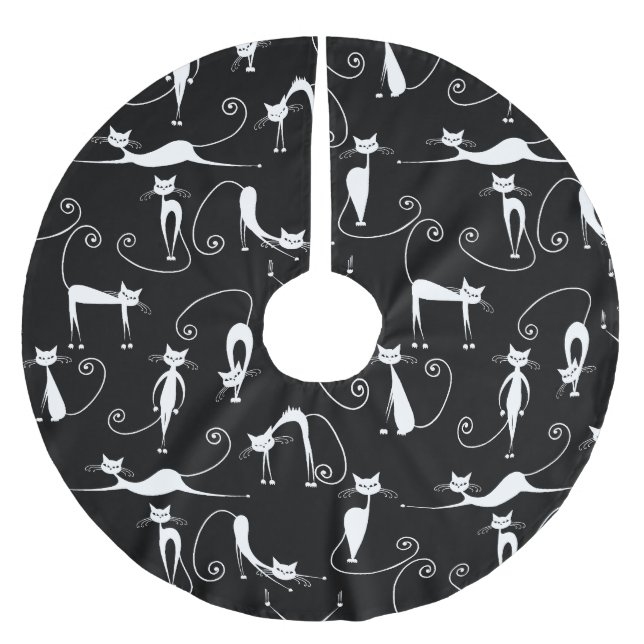 Whimsical Skinny white Cat Pattern Brushed Polyester Tree Skirt (Front)