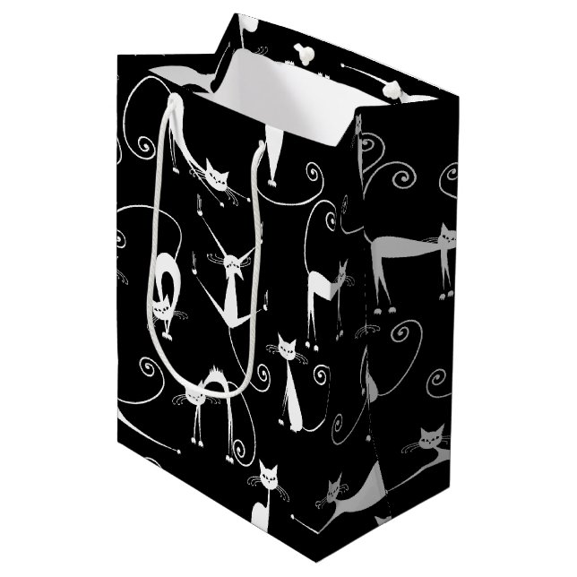 Whimsical Skinny white Cat Pattern Medium Gift Bag (Front Angled)