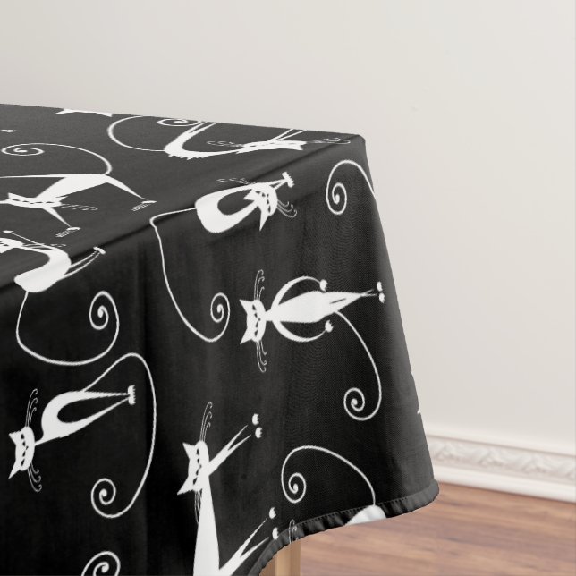 Whimsical Skinny white Cat Pattern Tablecloth (In Situ)