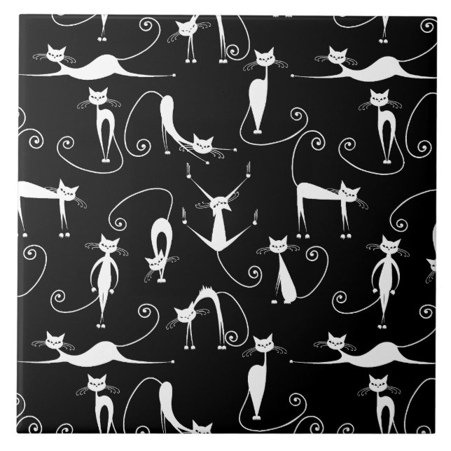 Whimsical Skinny white Cat Pattern Tile (Front)