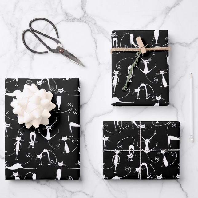 Whimsical Skinny white Cat Pattern Wrapping Paper Sheet (Front)