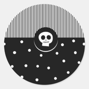 Whimsical Skull Black & White Polka Dots & Stripes Classic Round Sticker