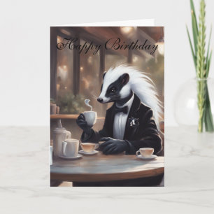 Whimsical Skunk in a coffee shop birthday Card