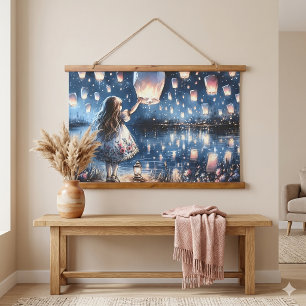 Whimsical Sky Lantern Lake Girl Hanging Tapestry
