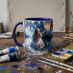 Whimsical Sky Lantern Lake Girl  Mug