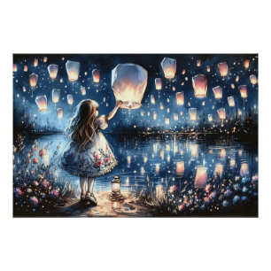 Whimsical Sky Lantern Lake Girl Poster