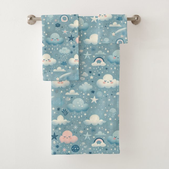 Whimsical Sky Pattern with Clouds, Stars - Blue Bath Towel Set (Insitu)