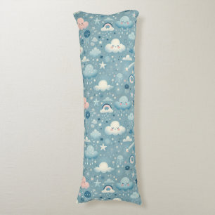 Whimsical Sky Pattern with Clouds, Stars - Blue Body Cushion