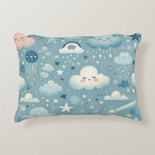 Whimsical Sky Pattern with Clouds, Stars - Blue Decorative Cushion