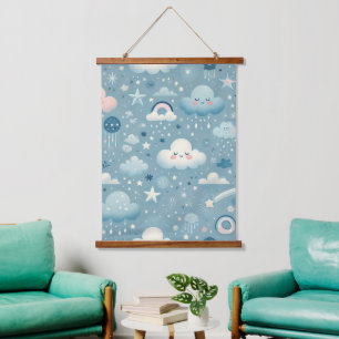 Whimsical Sky Pattern with Clouds, Stars - Blue Hanging Tapestry