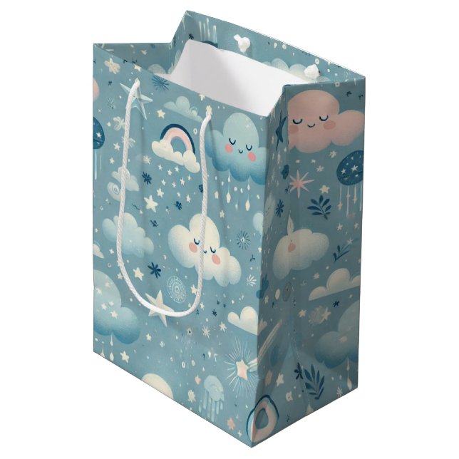 Whimsical Sky Pattern with Clouds, Stars - Blue Medium Gift Bag (Front Angled)