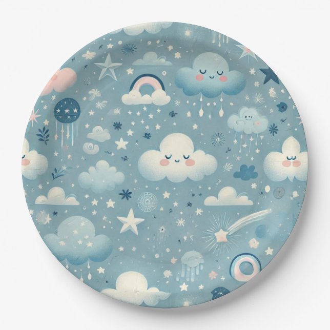 Whimsical Sky Pattern with Clouds, Stars - Blue Paper Plate (Front)