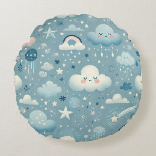 Whimsical Sky Pattern with Clouds, Stars - Blue Round Cushion