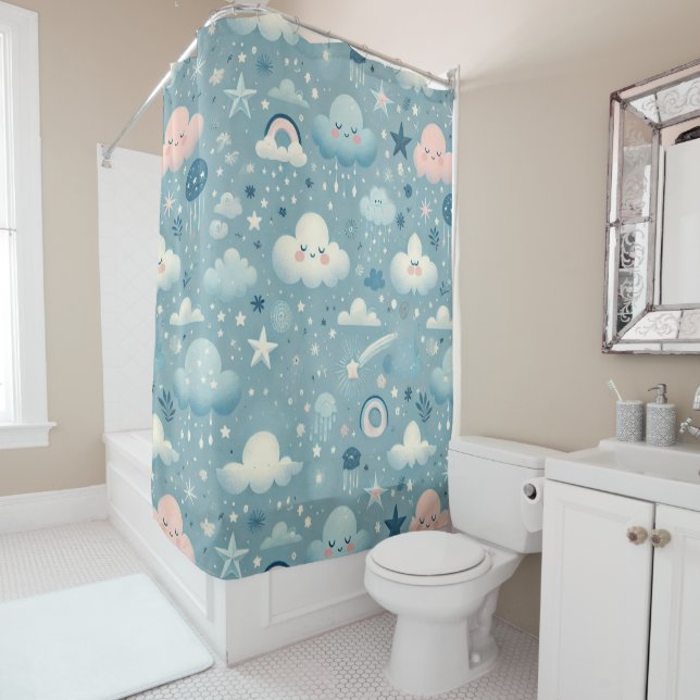 Whimsical Sky Pattern with Clouds, Stars - Blue Shower Curtain (In Situ)