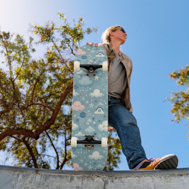 Whimsical Sky Pattern with Clouds, Stars - Blue Skateboard (Outdoor 1)