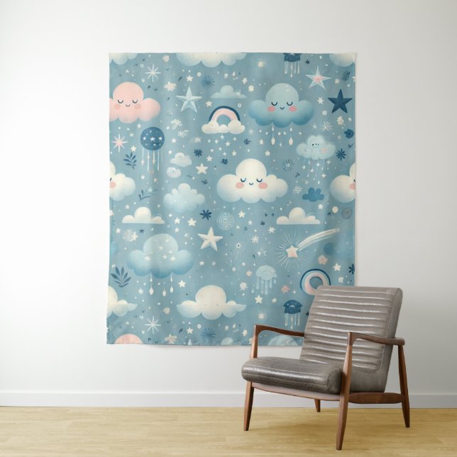 Whimsical Sky Pattern with Clouds, Stars - Blue Tapestry (In Situ)