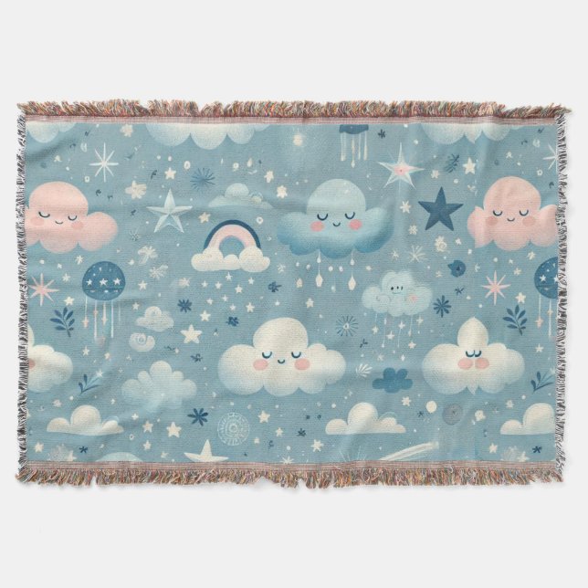 Whimsical Sky Pattern with Clouds, Stars - Blue Throw Blanket (Front)