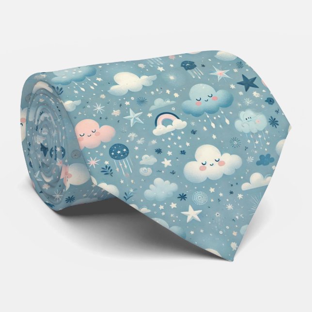 Whimsical Sky Pattern with Clouds, Stars - Blue Tie (Rolled)