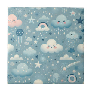 Whimsical Sky Pattern with Clouds, Stars - Blue Tile