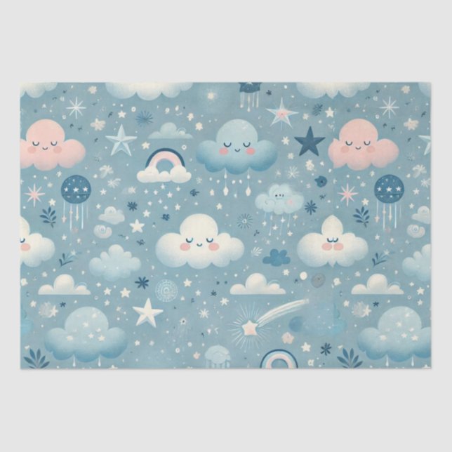 Whimsical Sky Pattern with Clouds, Stars - Blue Tissue Paper (Front)