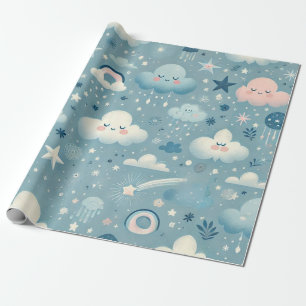 Whimsical Sky Pattern with Clouds, Stars - Blue Wrapping Paper