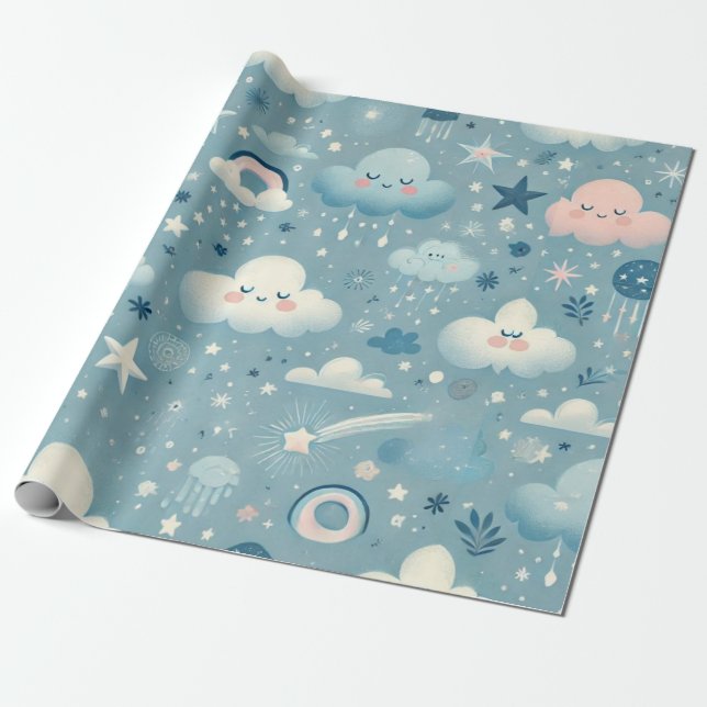 Whimsical Sky Pattern with Clouds, Stars - Blue Wrapping Paper (Unrolled)