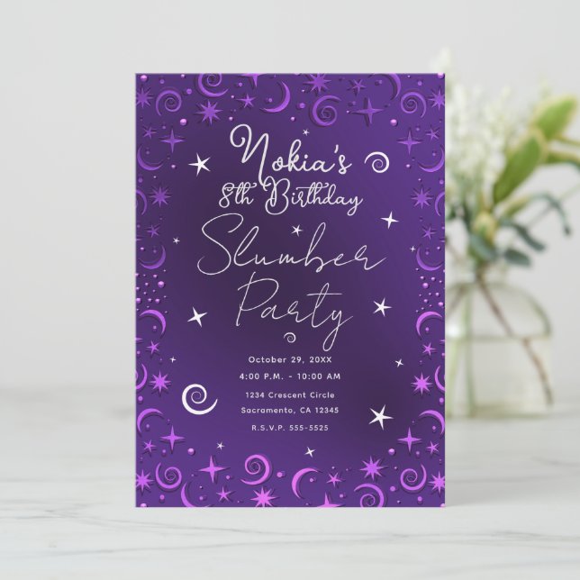 Whimsical Sky Swirls Purple Girls Slumber Party   Invitation (Standing Front)