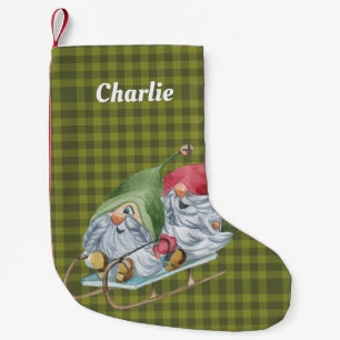 Whimsical Sledding Gnomes Personalised  Small Christmas Stocking