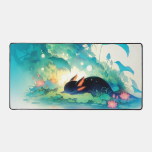 Whimsical Sleeping Black Axolotl in Magical Pond Desk Mat