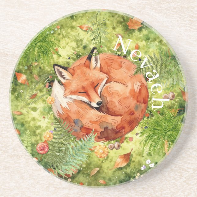 Whimsical Sleeping Fox  | Forest Illustration,  Coaster (Front)