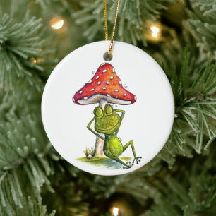 Whimsical Sleeping Frog Under a Mushroom Ceramic Tree Decoration