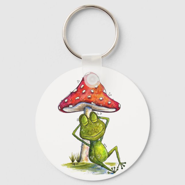 Whimsical Sleeping Frog Under a Mushroom Key Ring (Front)