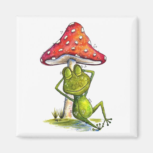 Whimsical Sleeping Frog Under a Mushroom Magnet (Front)