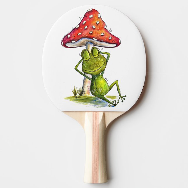 Whimsical Sleeping Frog Under a Mushroom Ping Pong Paddle (Front)