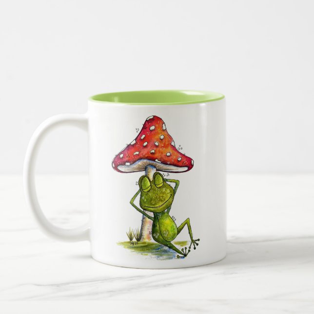 Whimsical Sleeping Frog Under a Mushroom Two-Tone Coffee Mug (Left)