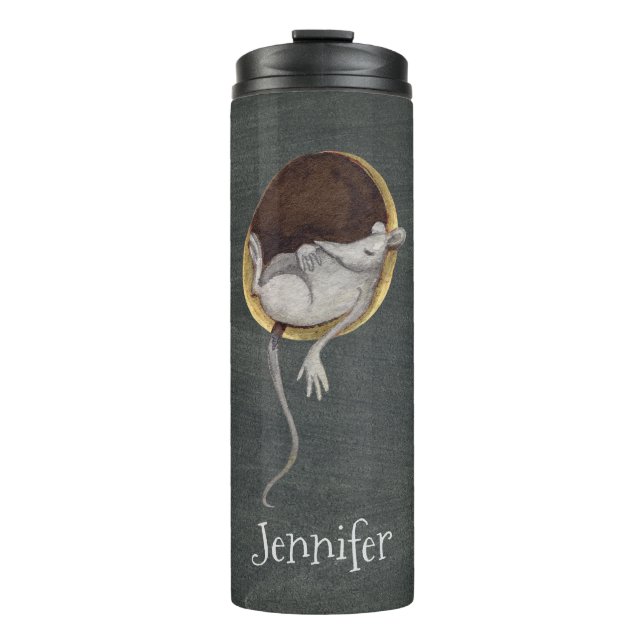 Whimsical Sleeping Mouse Illustration with Name Thermal Tumbler (Front)