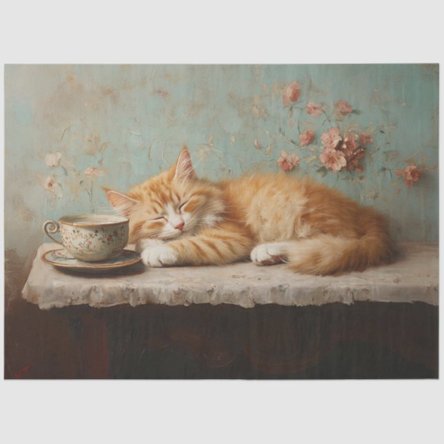 Whimsical Sleeping Orange Cat Painting Decoupage Tissue Paper (Front)
