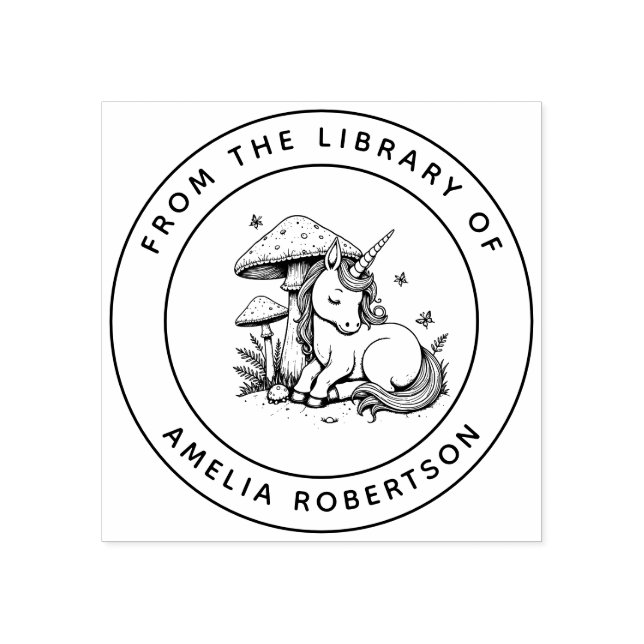 Whimsical Sleeping Unicorn Mushroom Library Book Rubber Stamp (Imprint)
