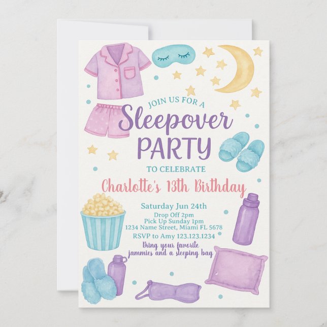 Whimsical Sleepover Party Birthday Invitation (Front)