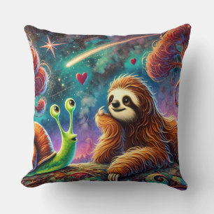 Whimsical Sloth and Snail Under Starry Cosmic Sky Cushion