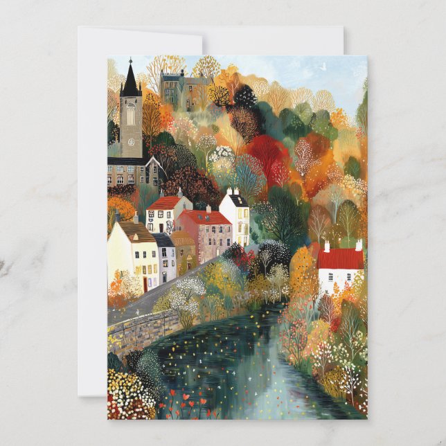 Whimsical Small Town Autumn Scene Hello Hi Flat Card (Front)