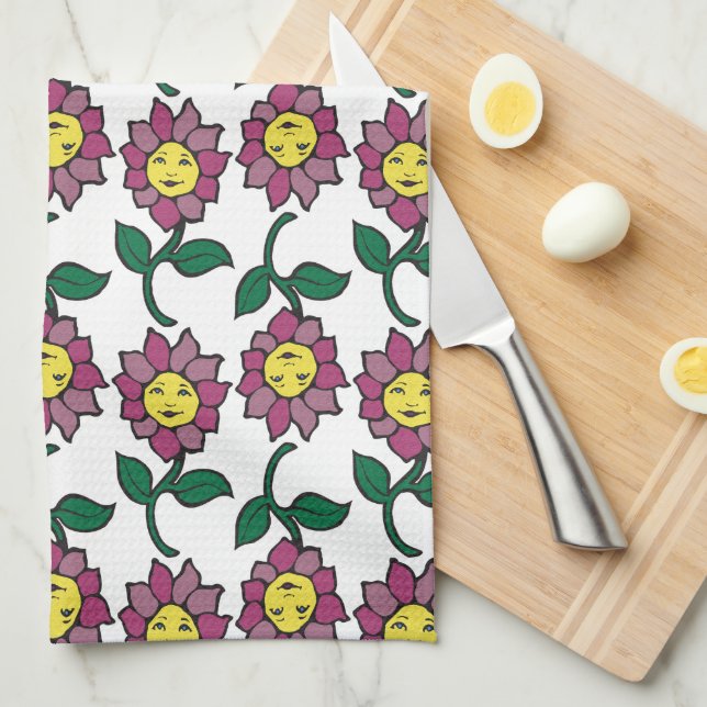 Whimsical Smiling Flower Face Pattern Tea Towel (Quarter Fold)