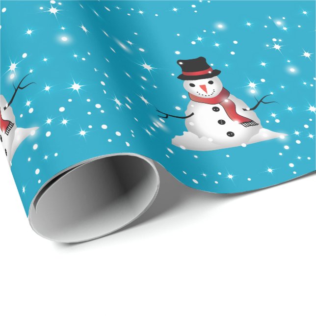 Whimsical Smiling Snowman with Red Scarf on BLUE Wrapping Paper (Roll Corner)