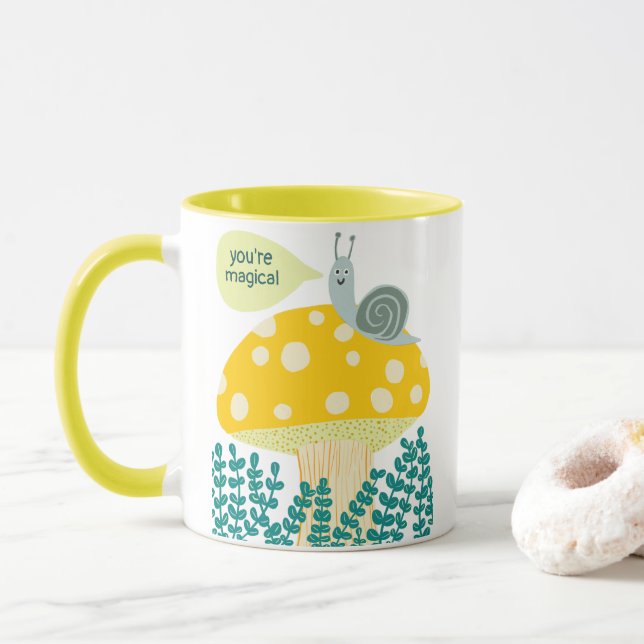 Whimsical Snail on Magical Mushroom CUSTOM Mug (With Donut)