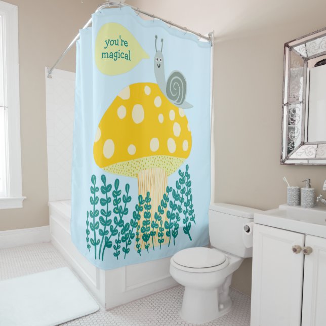 Whimsical Snail on Magical Mushroom CUSTOM Shower Curtain (In Situ)